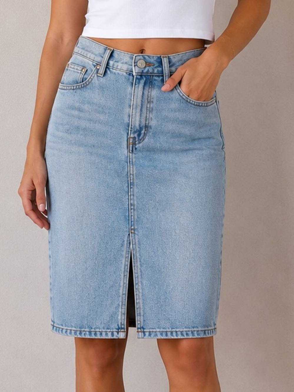 Lucky Brand Denim Midi Skirt 12/31 Y2K Light Wash Jean Skirt Front Slit